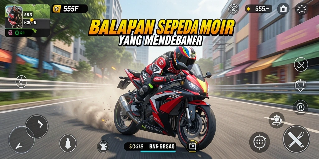 Screenshot gameplay 555F dengan balapan sepeda motor yang seru.