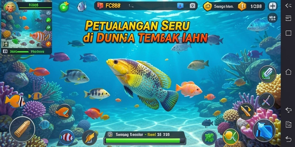 Gameplay seru di FC888 saat menembak ikan-ikan berwarna-warni.