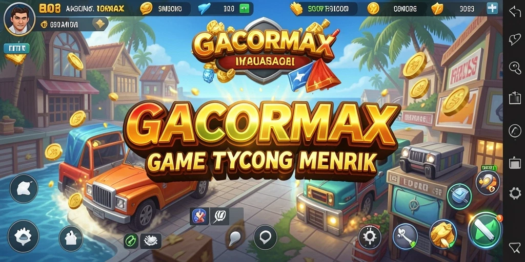 Screenshot GACORMAX menampilkan pemain sedang mengelola bisnis dengan antarmuka yang menarik.
