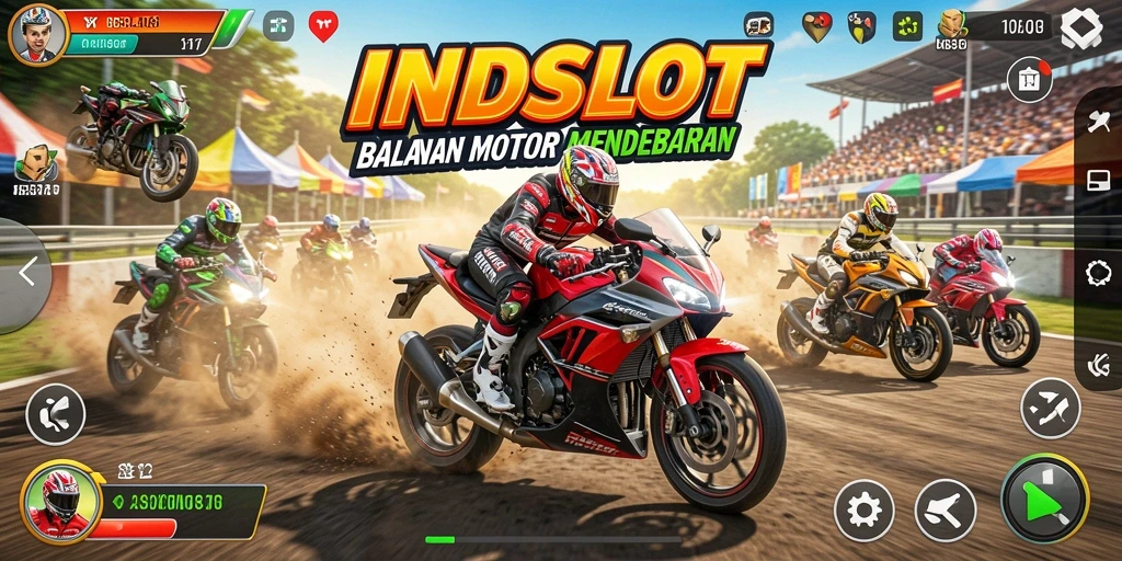 Gameplay INDSLOT yang seru dan menantang di arena balap motor.
