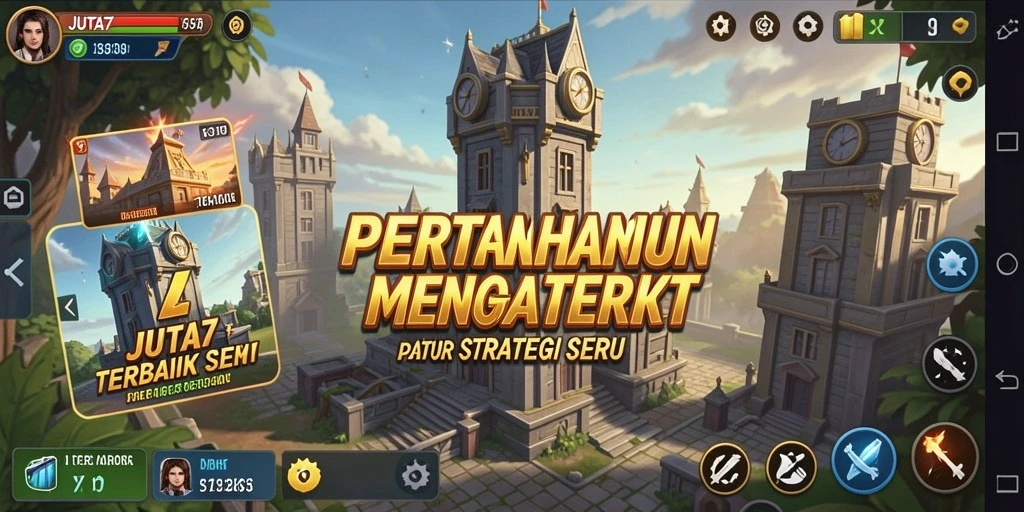 Screenshot game JUTA7 menampilkan menara yang berjuang melawan gelombang musuh.