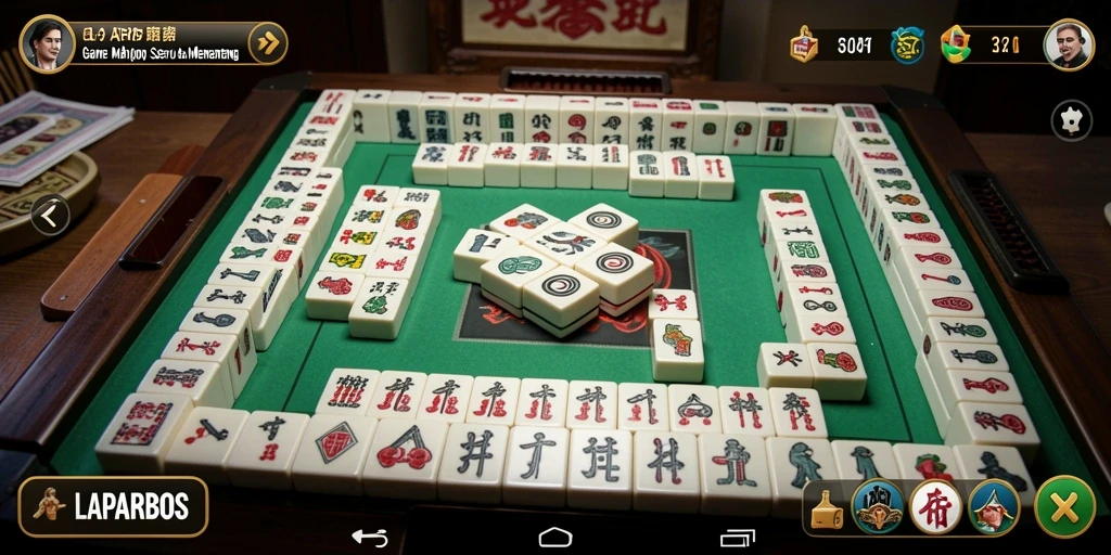 Tampilan gameplay menawan LAPARBOS dengan ubin Mahjong yang cerah.
