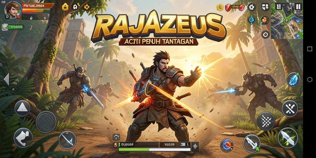 Screenshot gameplay RAJAZEUS menampilkan aksi seru dan karakter beragam.