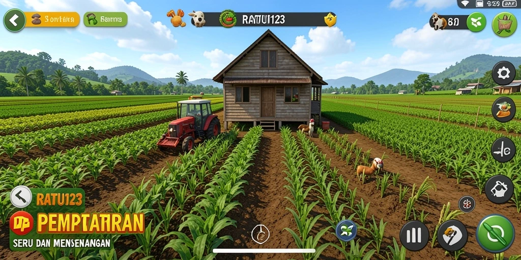Tangkapan layar gameplay <strong>RATU123</strong> menampilkan aktivitas bertani yang seru dan interaktif.