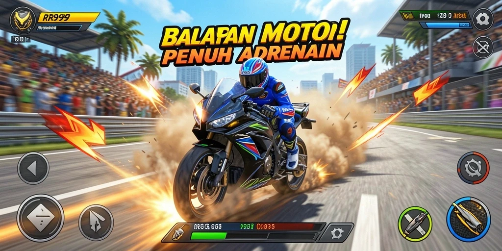 Tampilan gameplay balapan motor yang menegangkan di RR999.