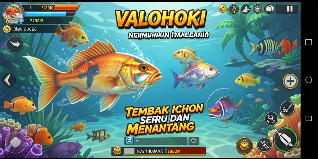 Screenshot utama VALOHOKI menampilkan aksi menembak ikan yang seru.